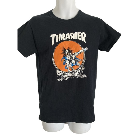 Thrasher Magazine Pushead SKATE OUTLAW LOGO Skateboard T Shirt Size S BLACK EUC - Picture 1 of 10